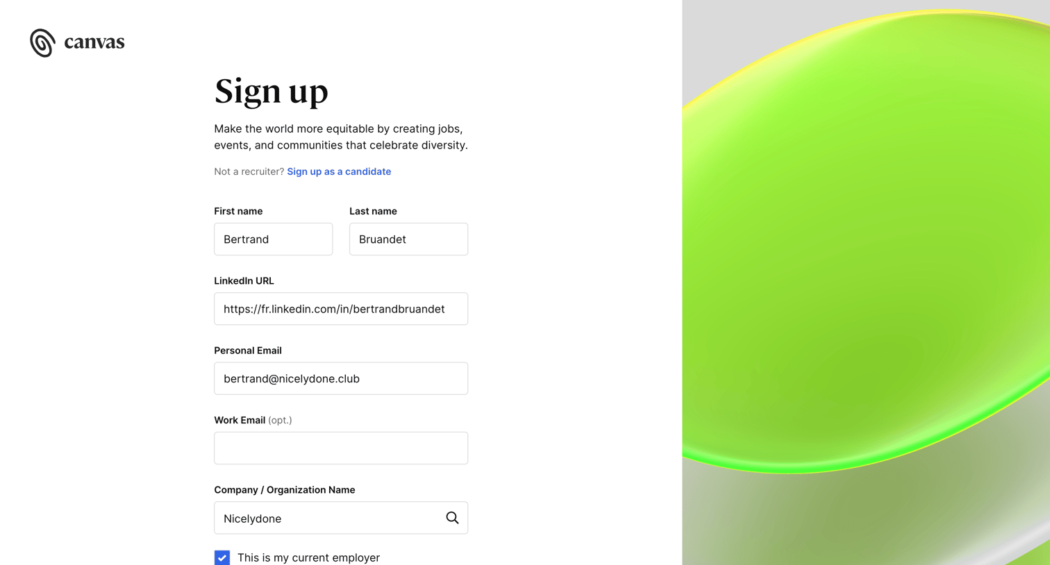 Untapped - Sign Up | Diversity hiring tool Canvas screen