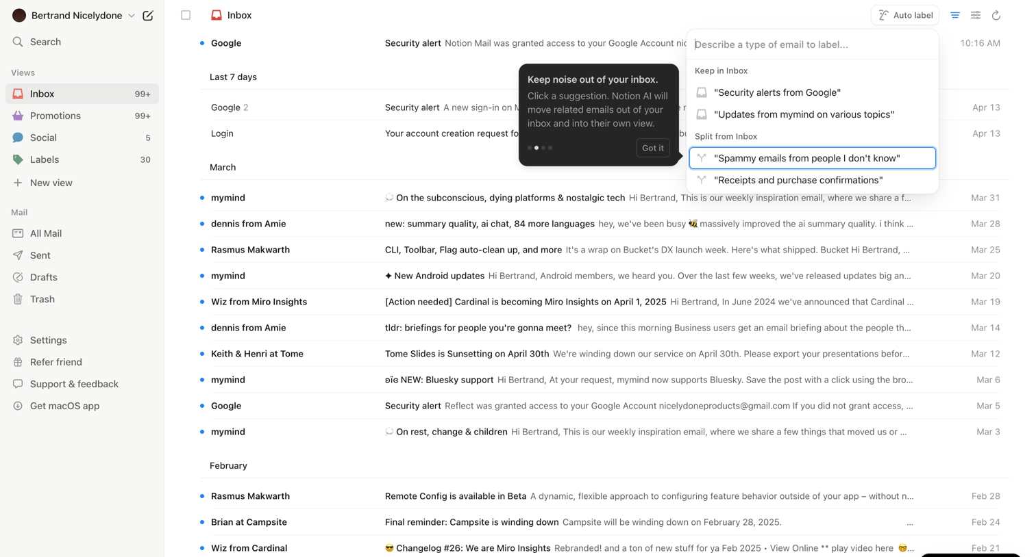 Notion Mail - 99+ • Inbox • nicelydoneproducts@gmail.com • Notion Mail screen