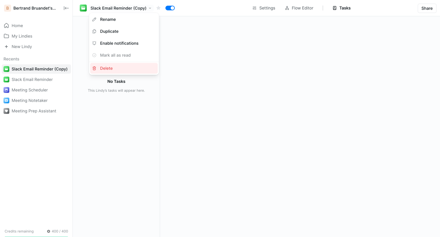 Lindy - Slack Email Reminder (Copy) - New Task screen