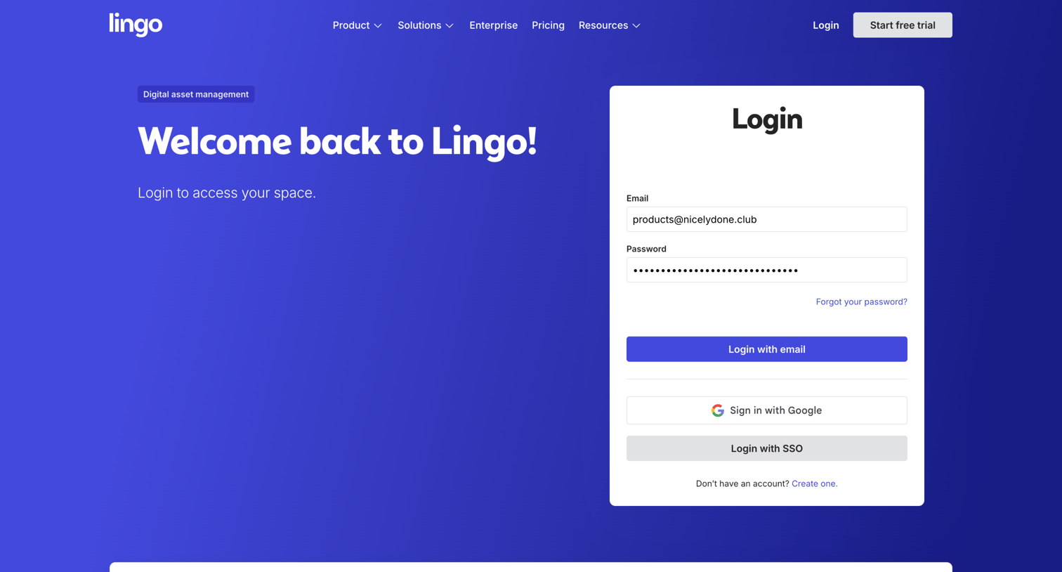 Lingo - Login screen