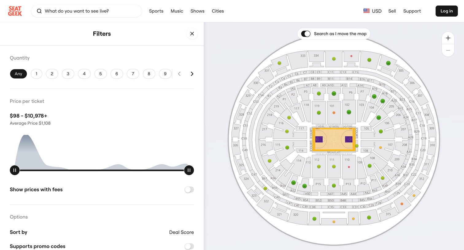 SeatGeek - Preseason Bucks at Lakers Tickets in Los Angeles Crypto.com Arena screen