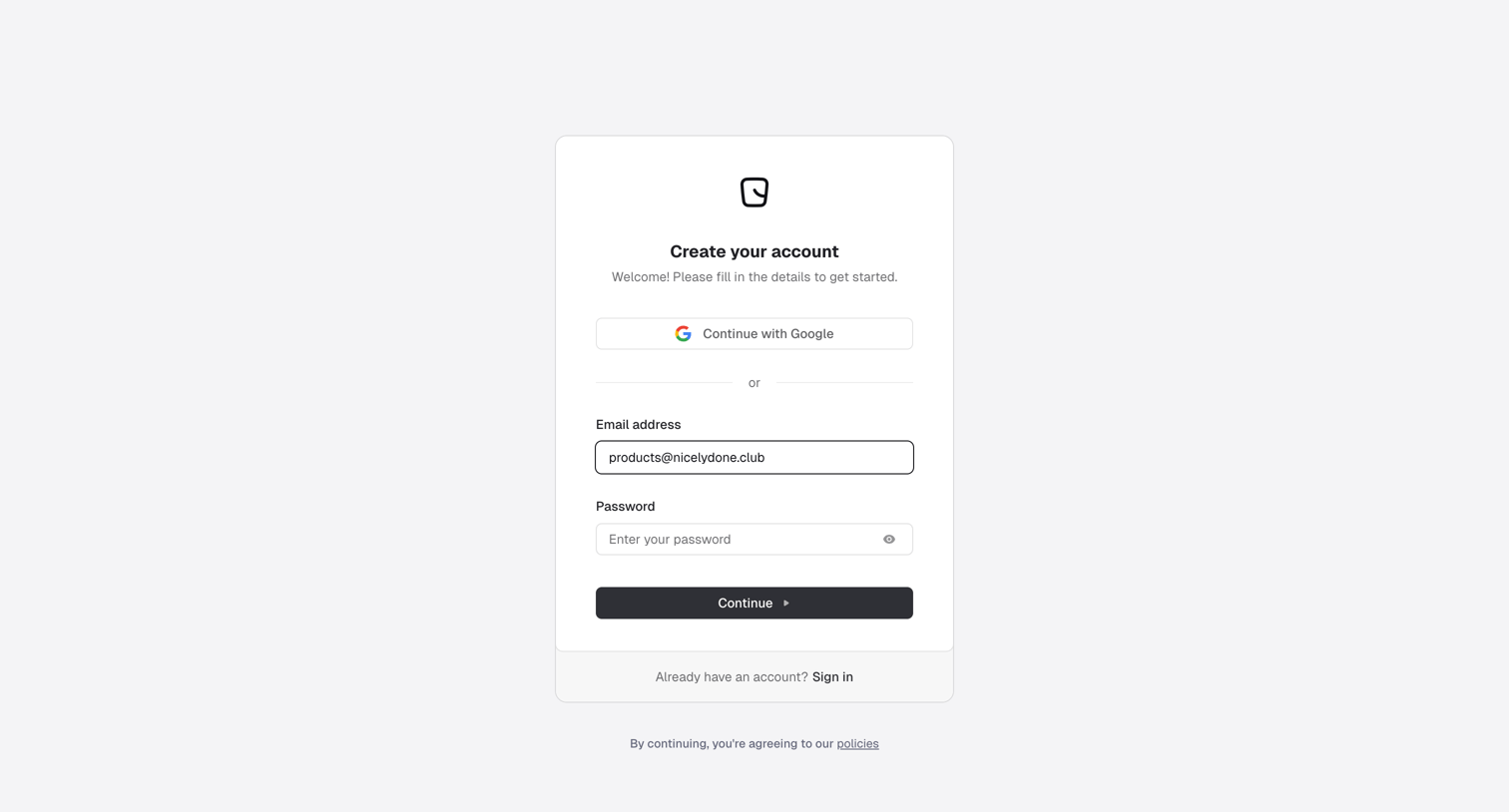 Reflag - Sign-up screen