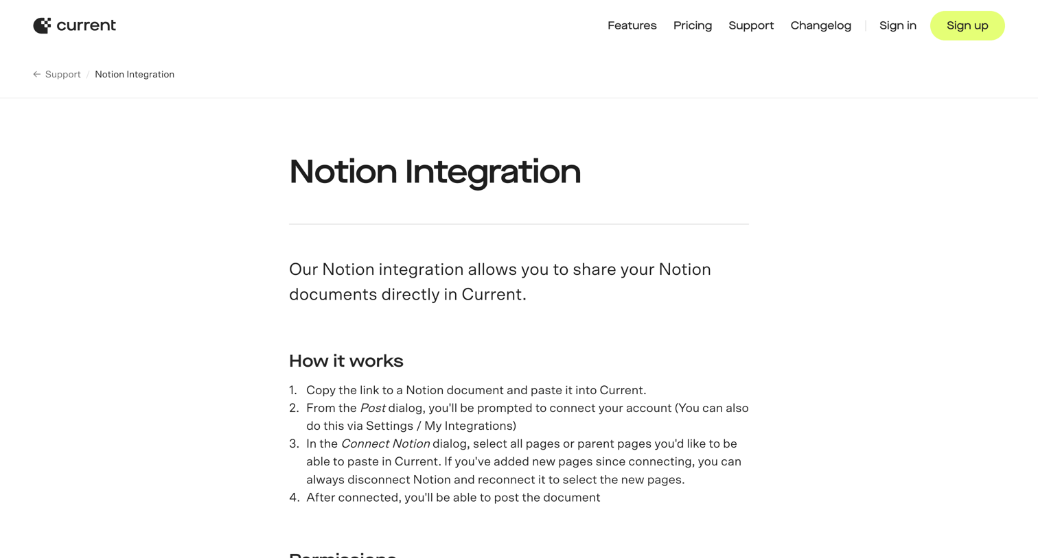 Current - Current - Notion Integration screen
