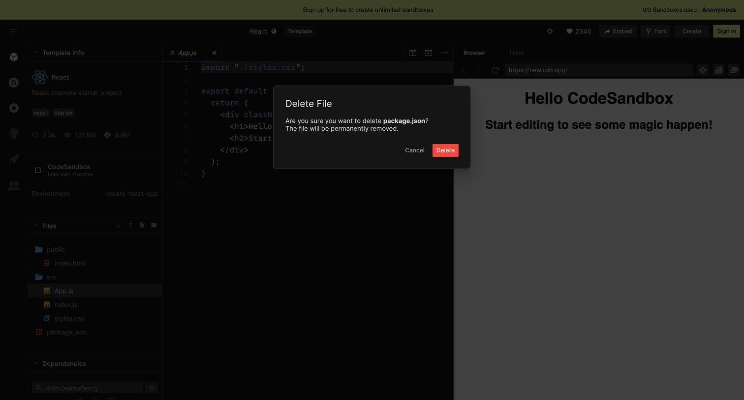 CodeSandbox - React - CodeSandbox screen