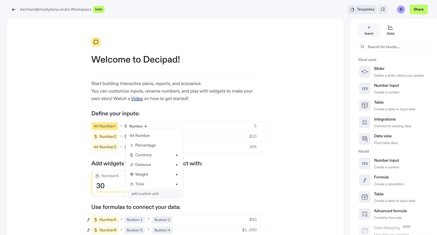 Decipad - Welcome to Decipad! | Decipad screen