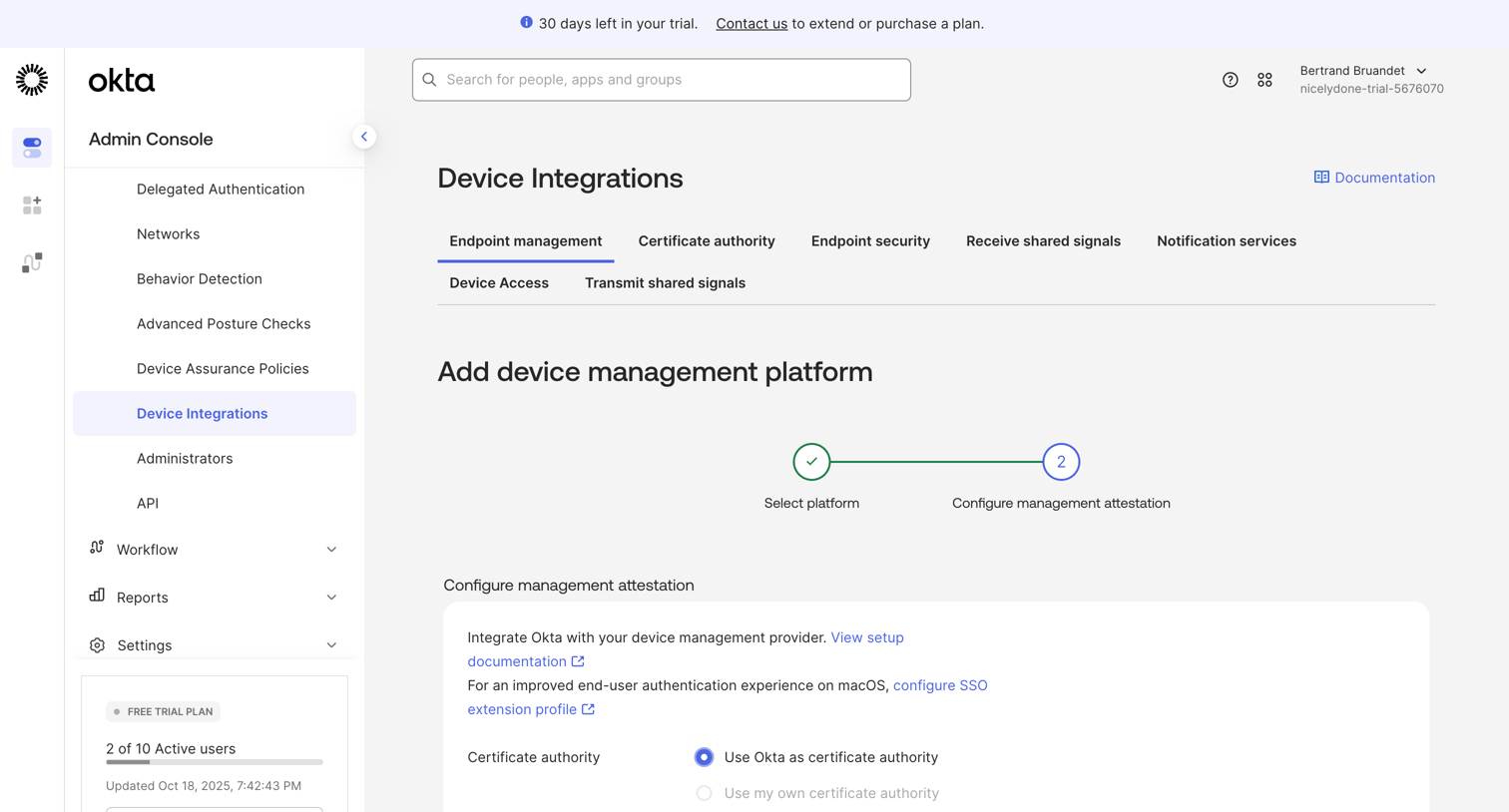 Okta - nicelydone-trial-5676070 - Device Integrations screen