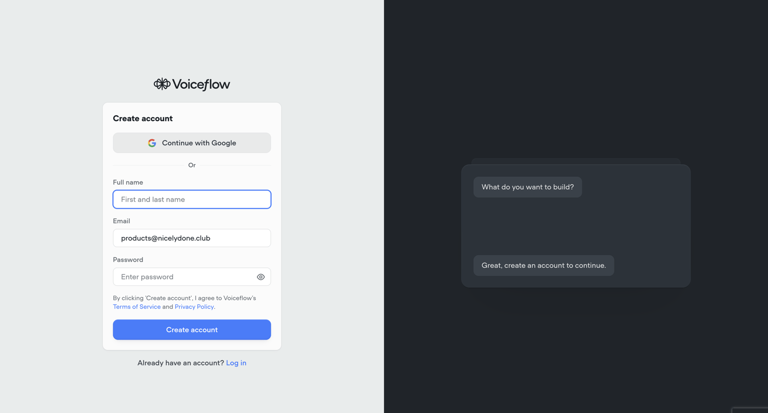 Voiceflow - Voiceflow | Sign up for a new Account screen