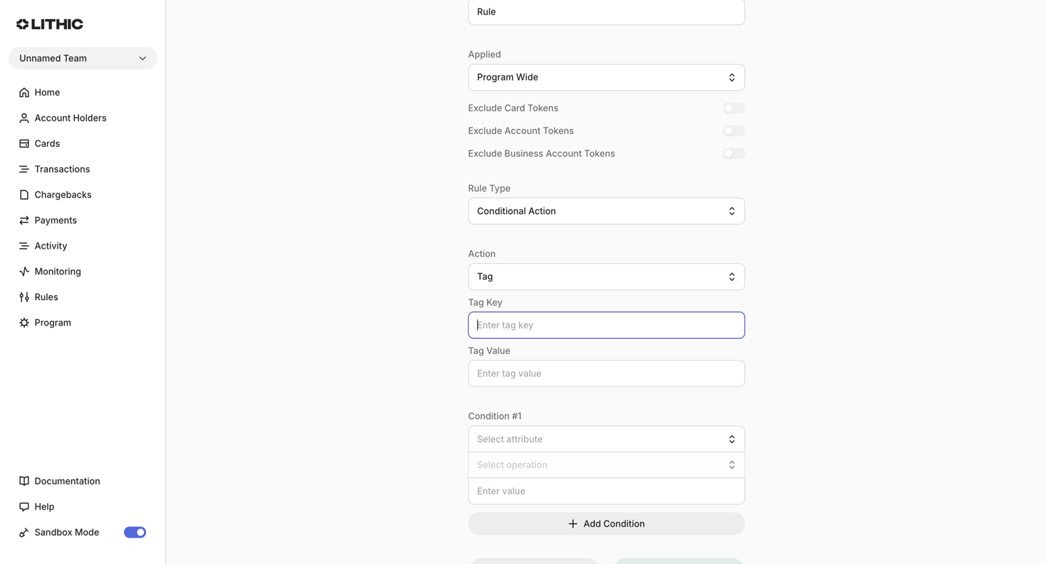 Lithic - Lithic - Create Monitoring Rule screen