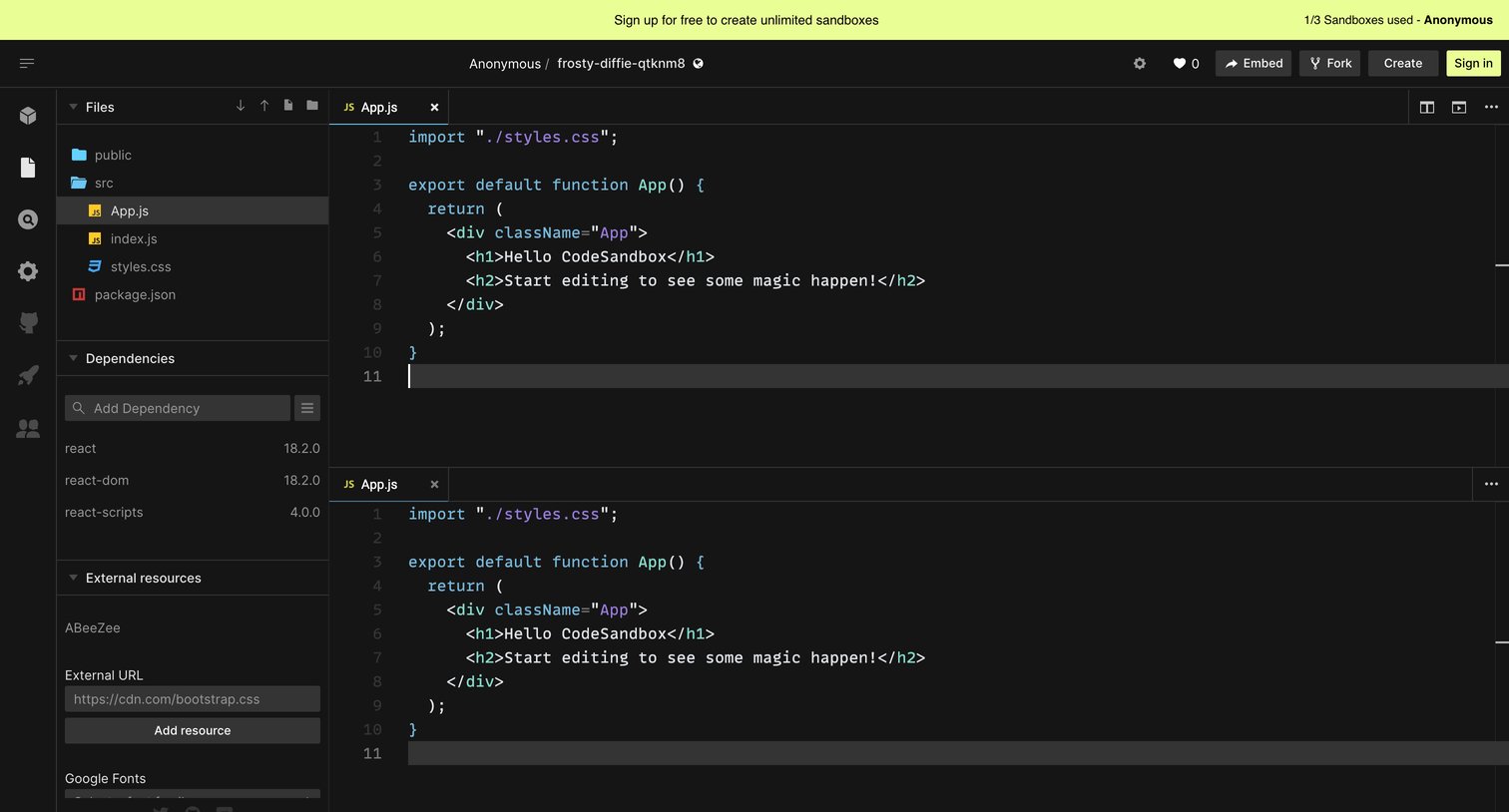 CodeSandbox - frosty-diffie-qtknm8 - CodeSandbox screen