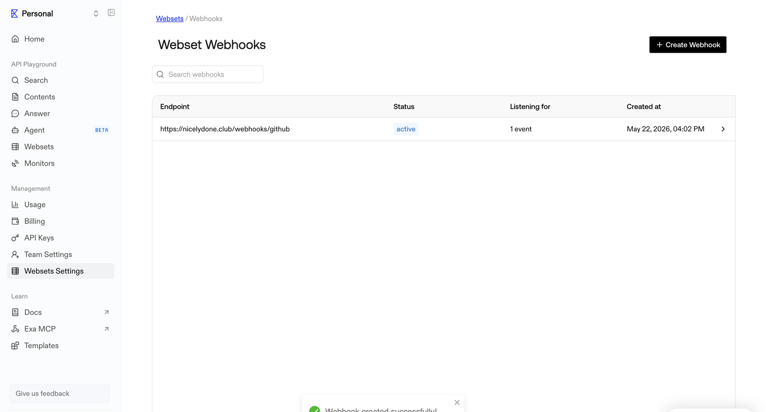Exa - Webset Webhooks screen