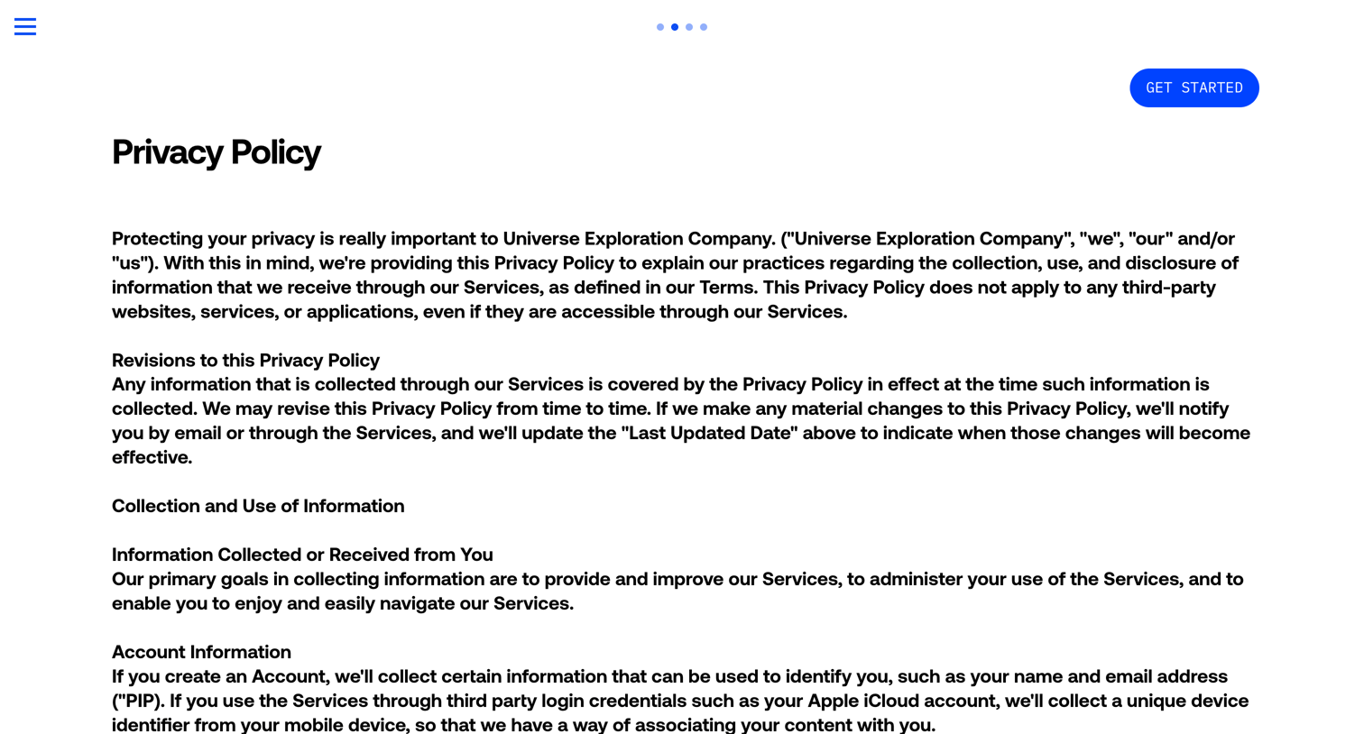 Universe - Privacy Policy - Universe Website Builder Design Custom Sites with No Code screen