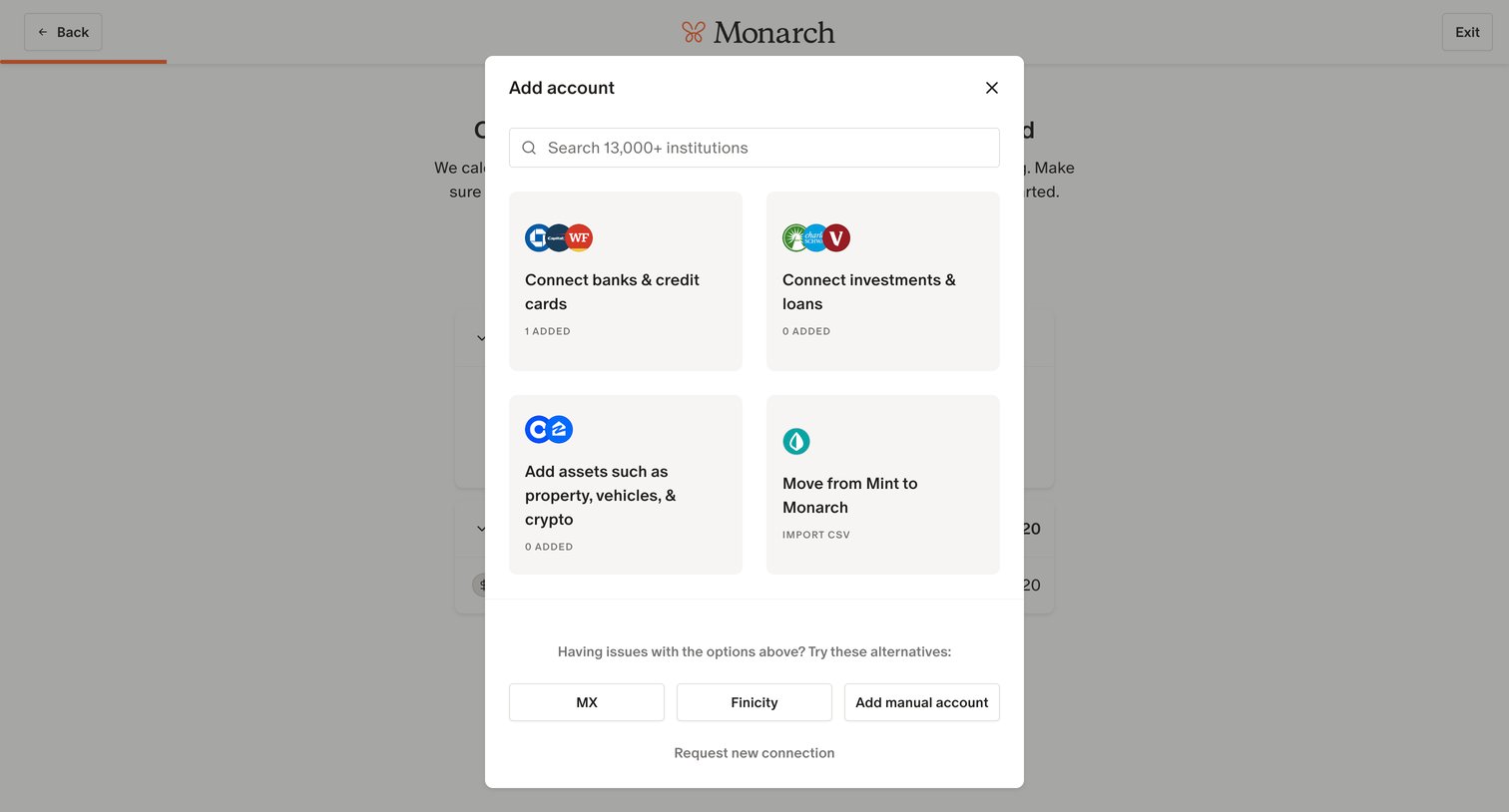 Monarch - Monarch | Budget Onboarding Accounts screen