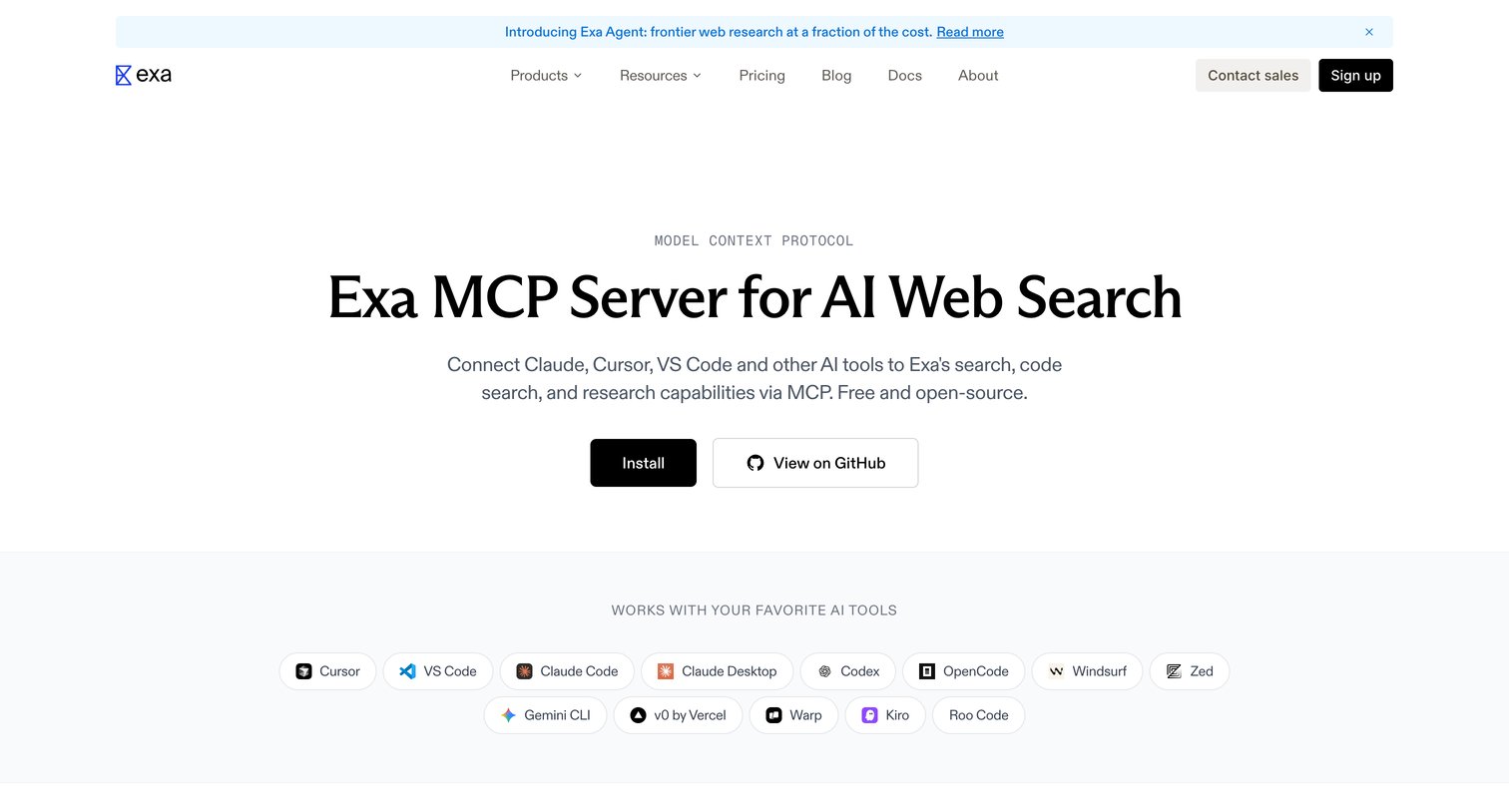 Exa - Exa MCP Server — AI Web Search for Claude, Cursor & VS Code screen