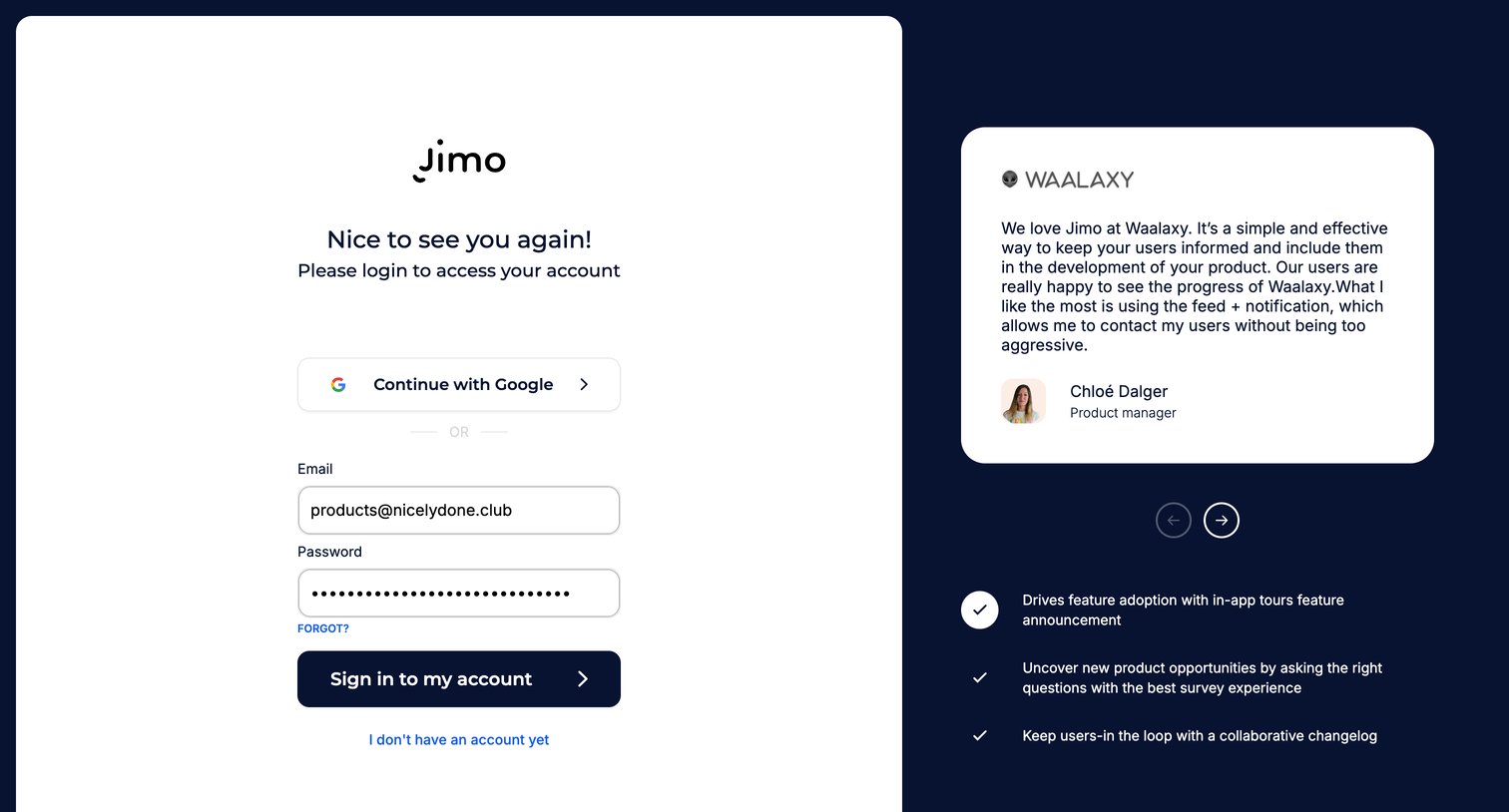 Jimo - Sign in · Jimo screen