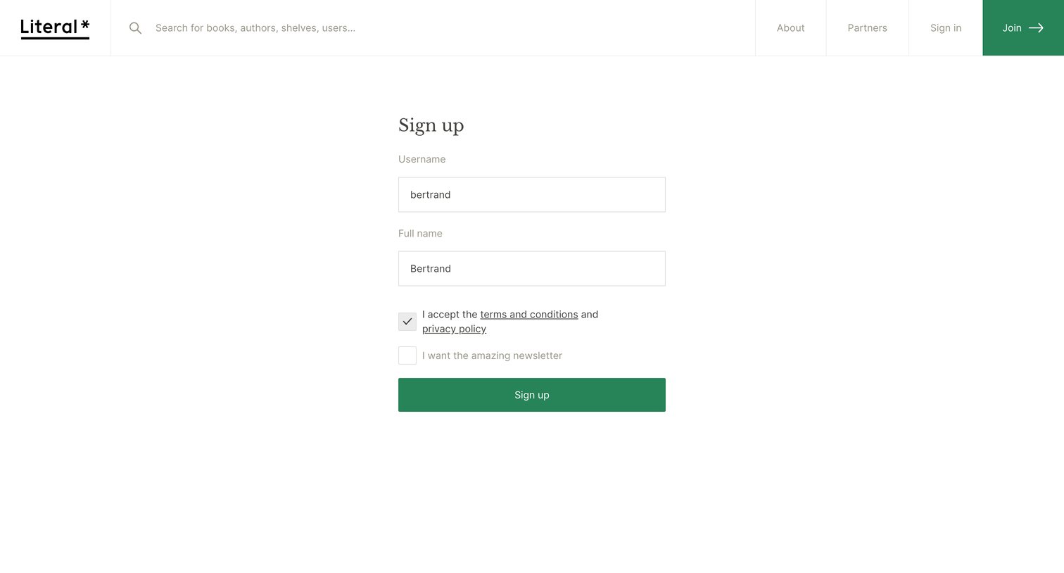 Literal - Sign up | Literal screen