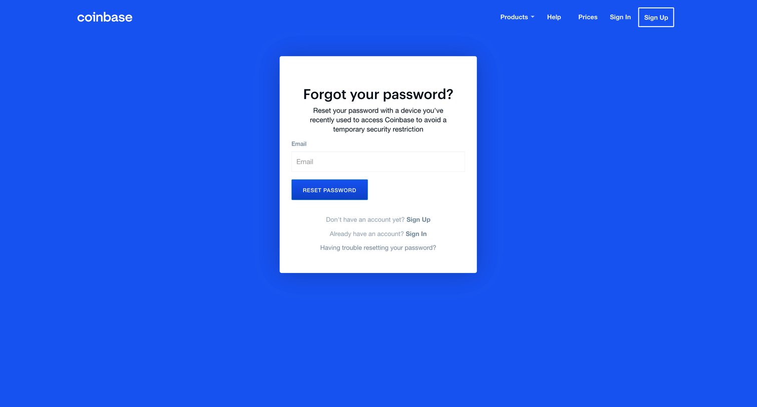 Coinbase - Forgotten Password - Password Reset - Coinbase screen