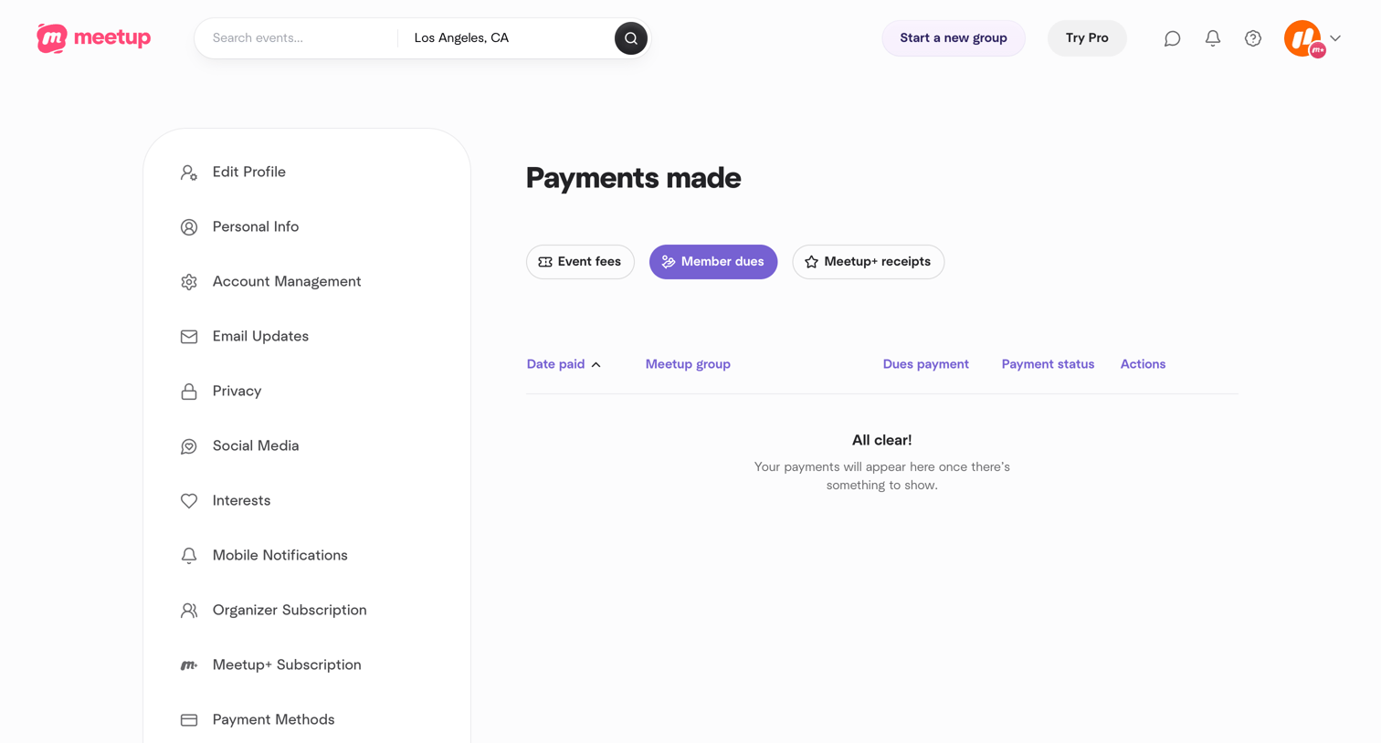 Meetup - Payments made screen