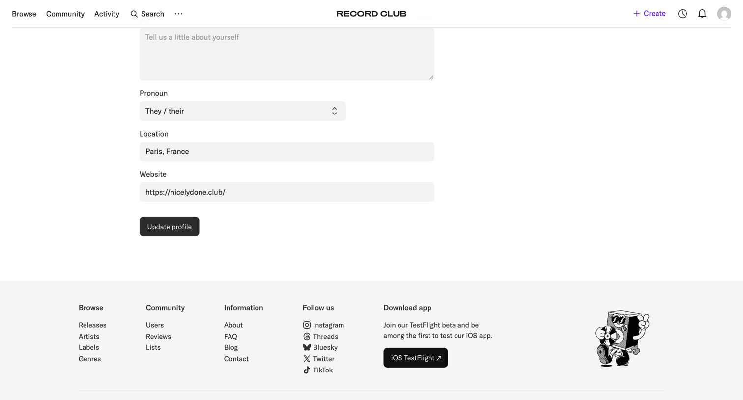 Record club - Settings – Record Club screen