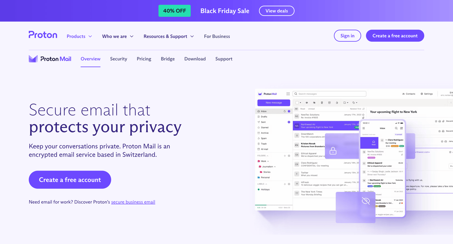 Proton - Proton Mail - Get a private, secure and encrypted email screen