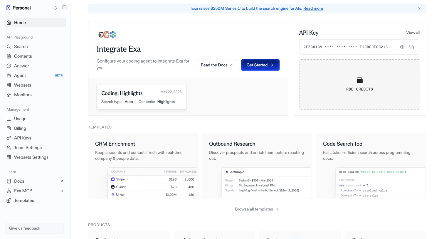 Exa - Home | Exa API screen