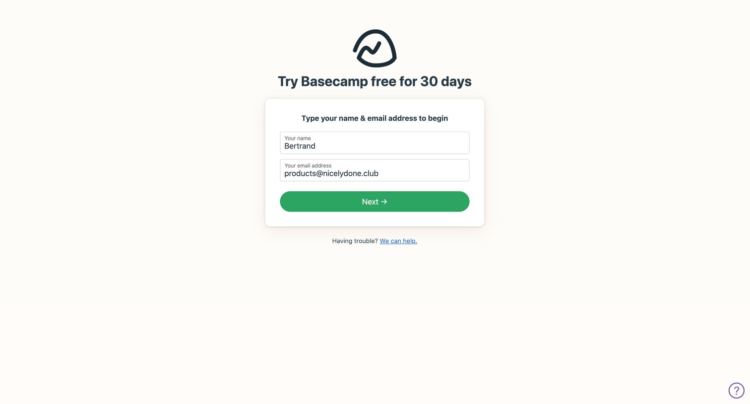 Basecamp - Sign up for Basecamp screen