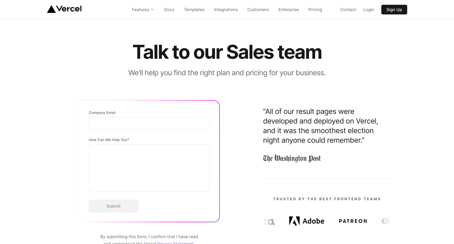 Vercel - Talk to our Sales team | Vercel screen