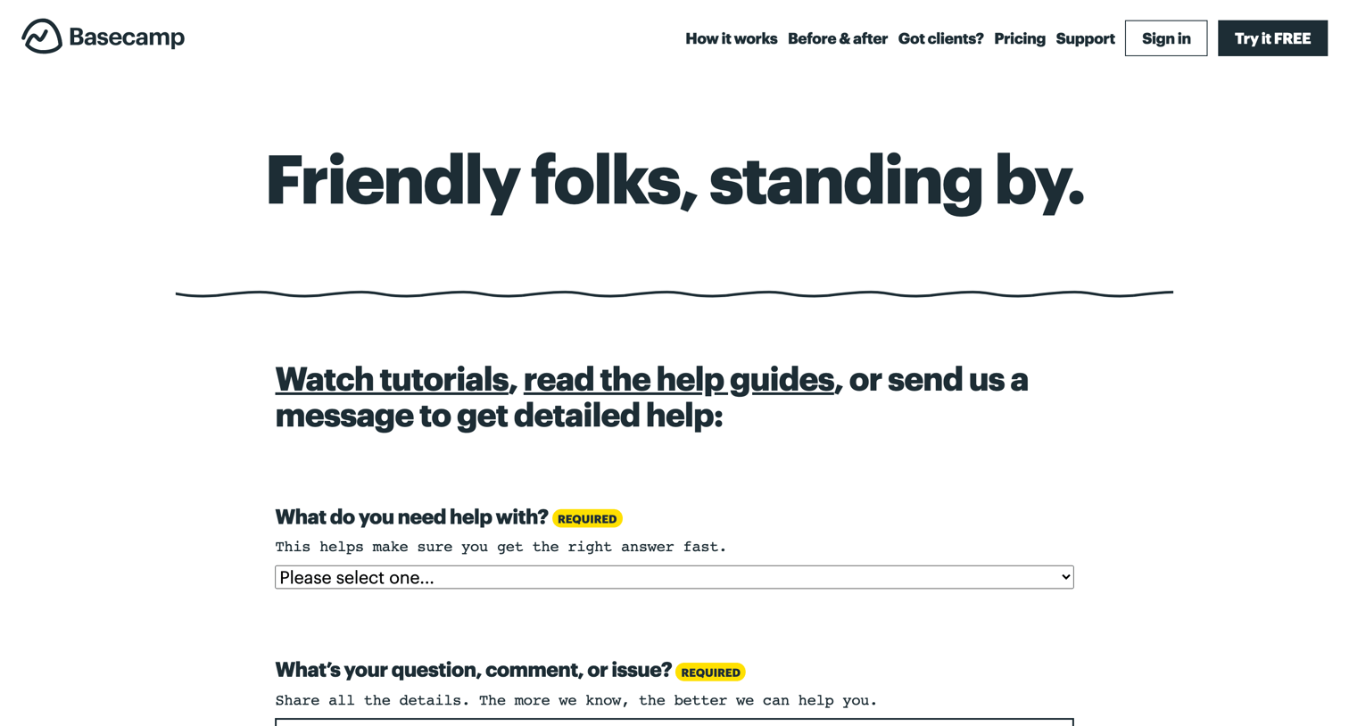 Basecamp - Get help from the Basecamp support team screen