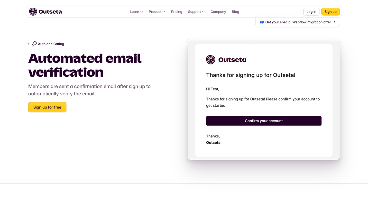 Outseta - Automated email verification  Outseta screen