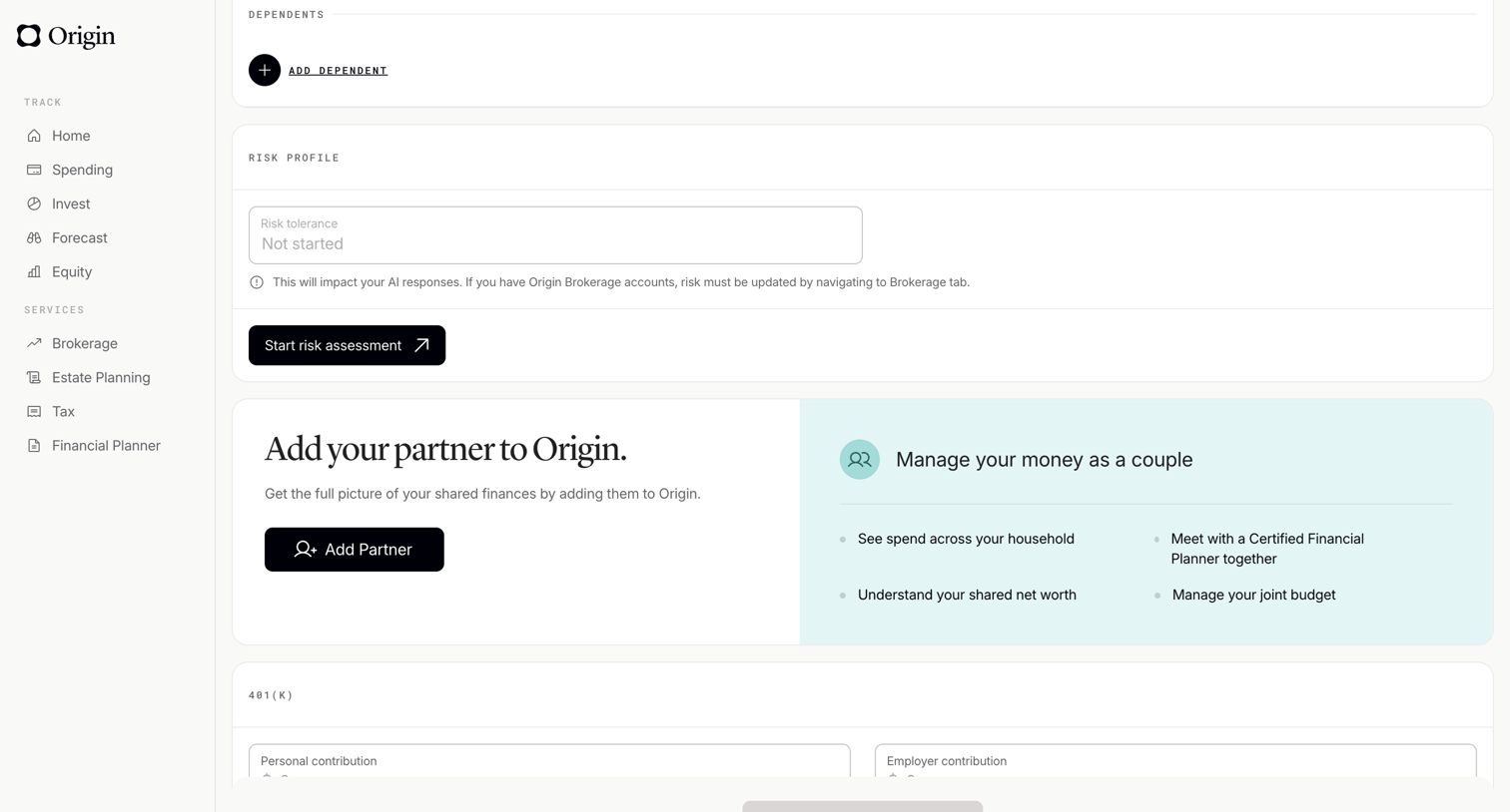 Origin Financial screen