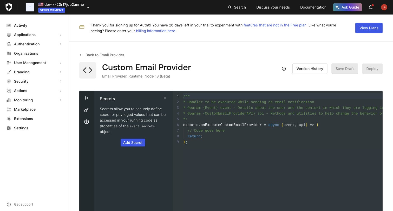 Auth0 - Custom Provider screen