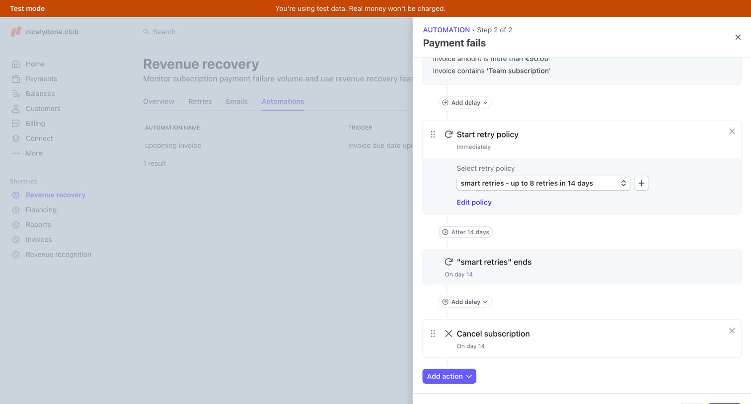 Stripe - Revenue recovery – nicelydone.club – Stripe [Test] screen