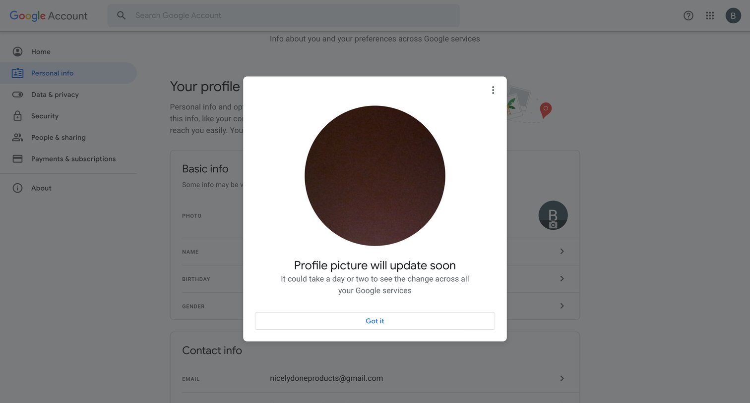 Google Account - Personal info screen
