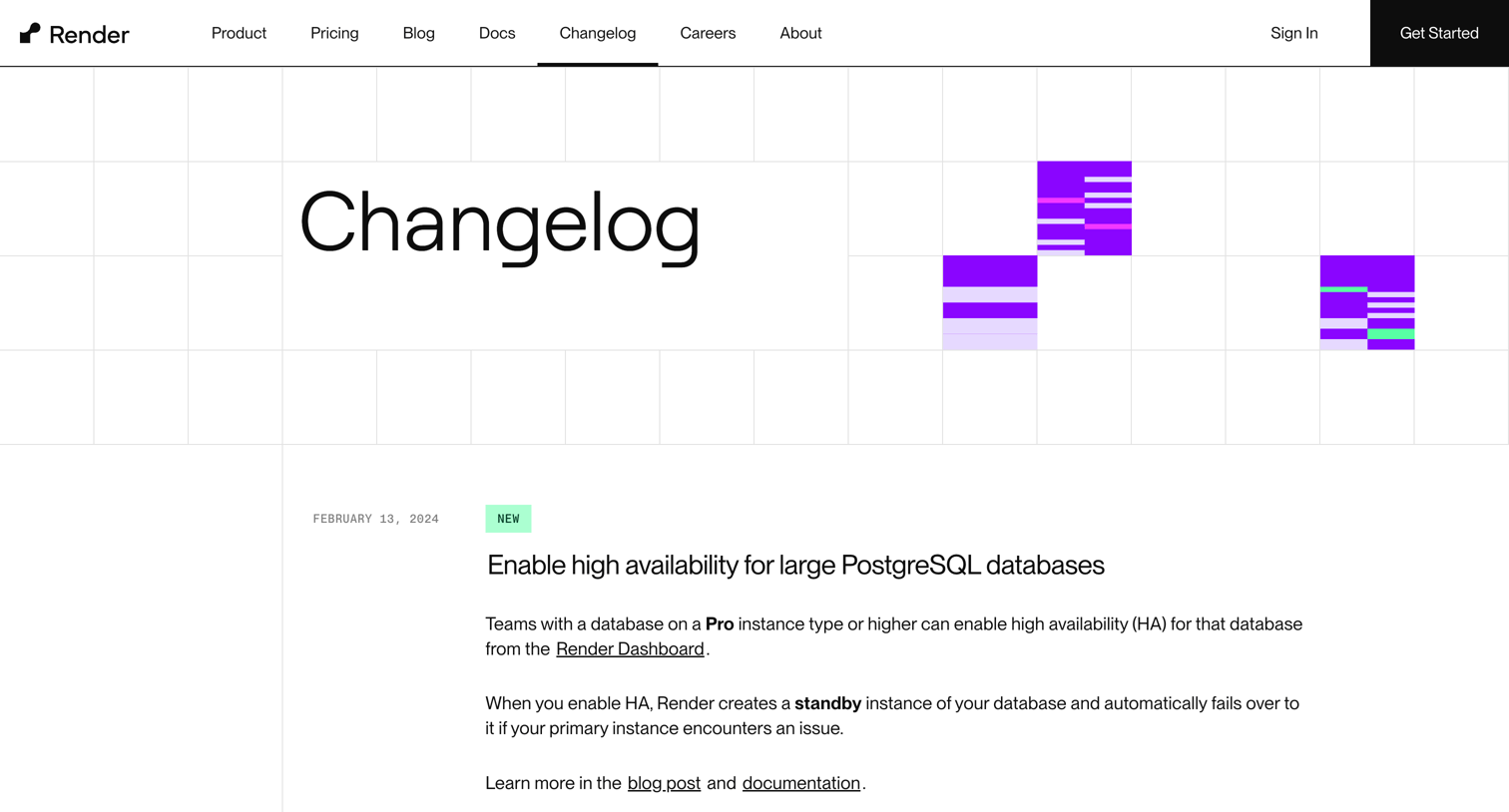 Render - Enable high availability for large PostgreSQL databases | Render C screen
