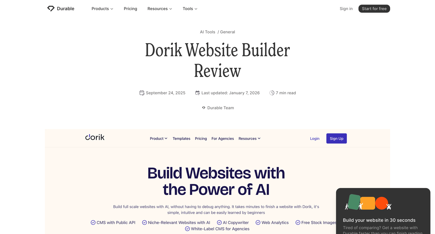 Durable - Dorik Website Builder Review - Features, Pricing & Ease of Use screen