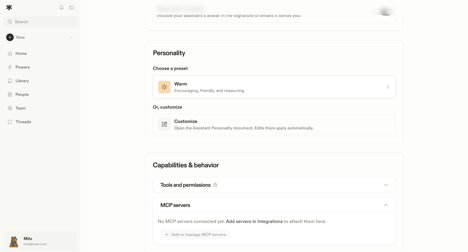 Town - Settings · Assistant screen
