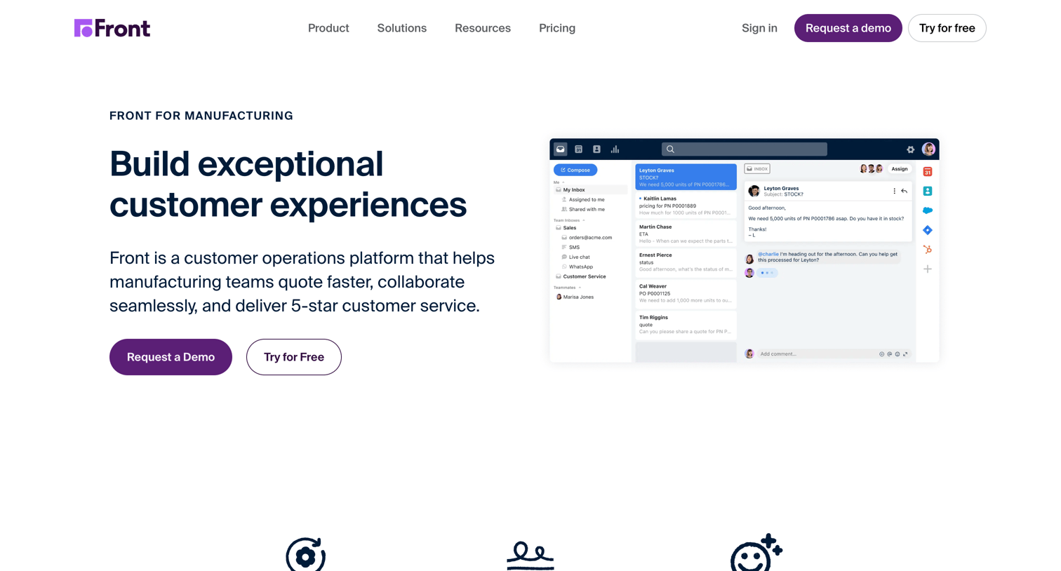 Front - Manufacturing Software | Email Management  Customer Ops screen