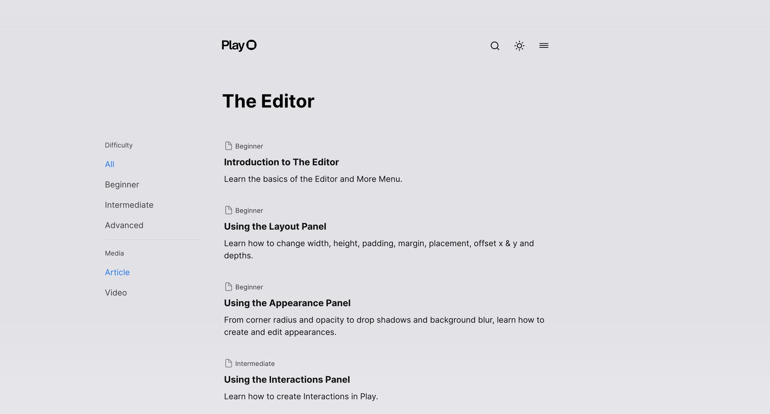 Play - Learn Play — Support | Documentation screen
