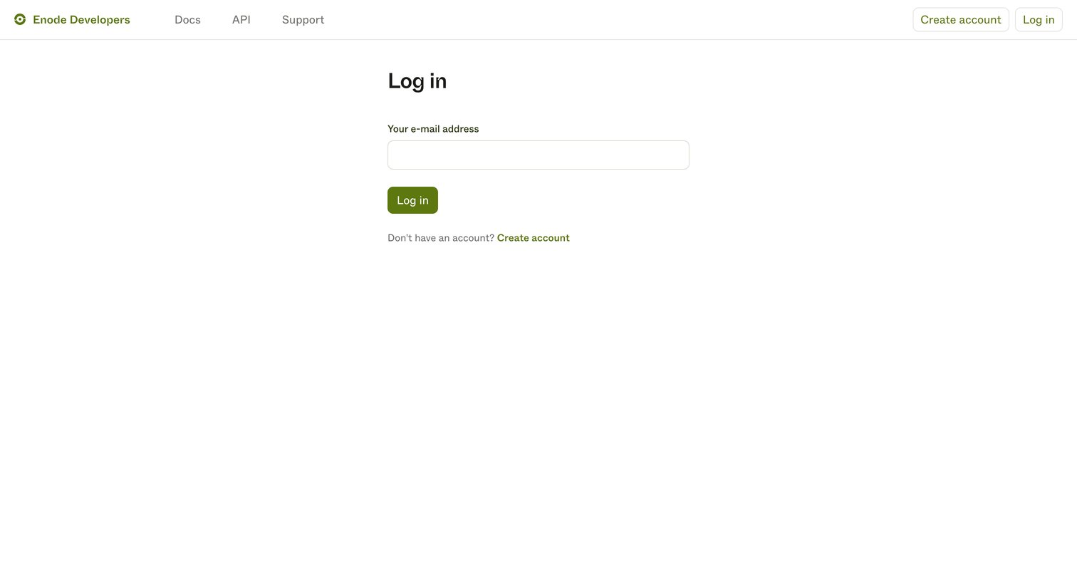 Enode - Log in | Enode Developers screen