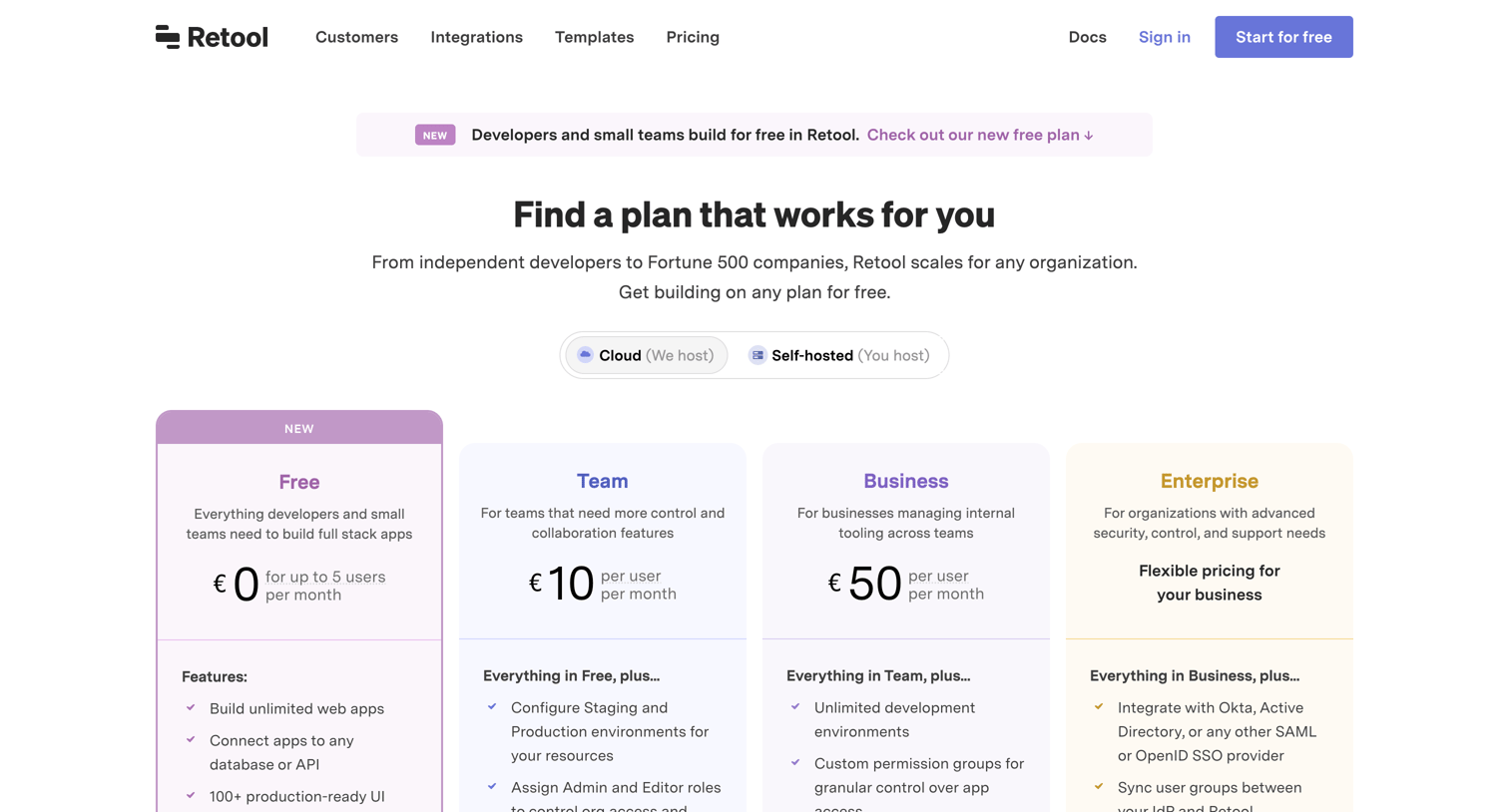 Retool - Pricing screen
