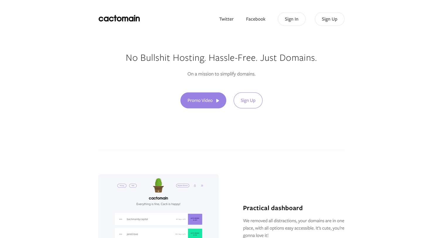 Cactomain - Landing page screen