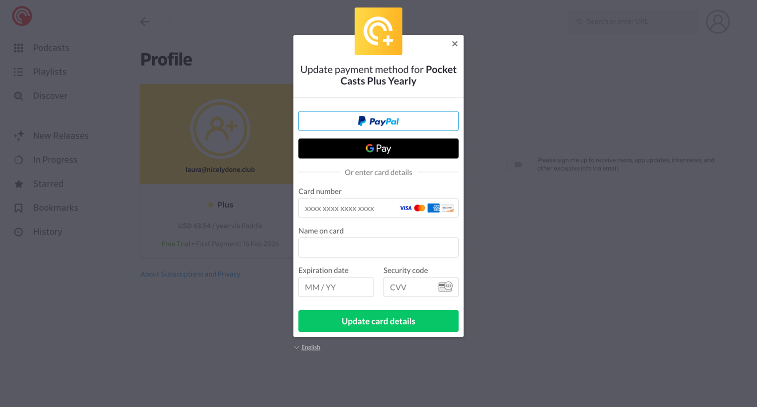 Pocket Casts - Profile - Pocket Casts screen