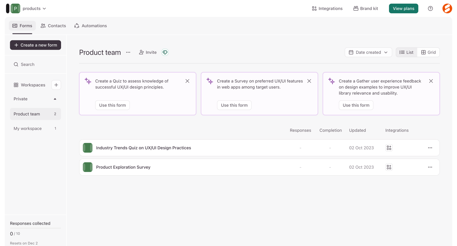 Typeform - Typeform - Workspaces screen