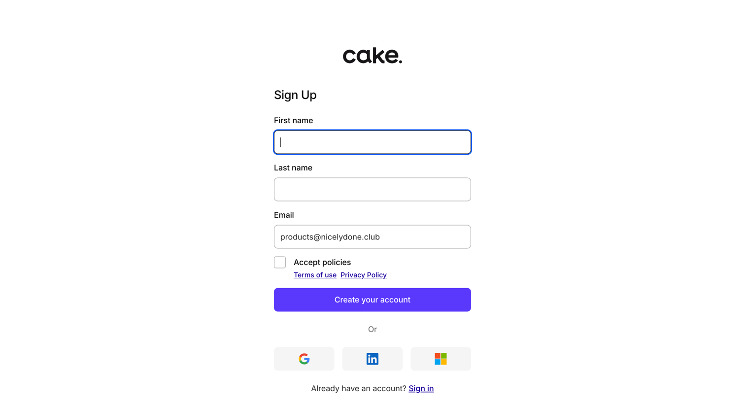 Cake - Sign up | Cake Equity screen
