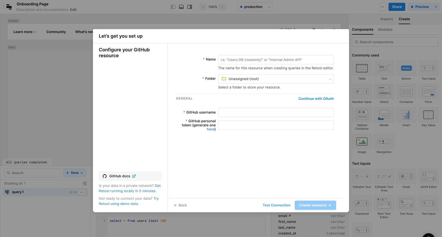 Retool - Onboarding Page | Editor  Retool screen