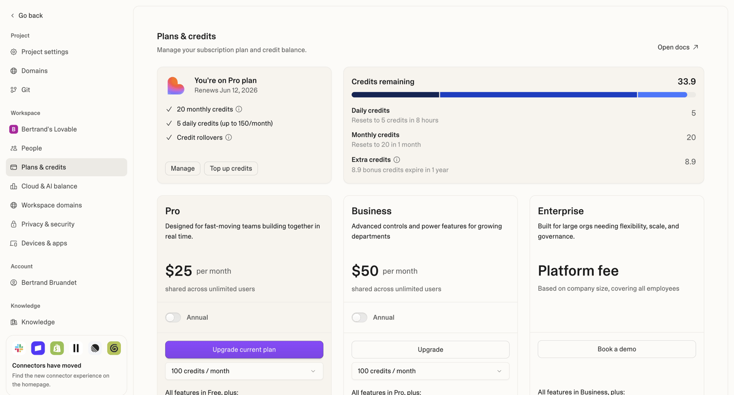 Lovable - Project settings - Lovable screen