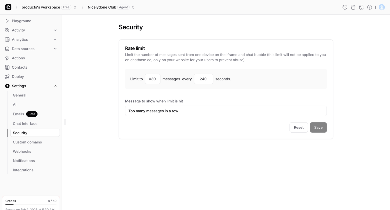 Chatbase - Security - Chatbase screen