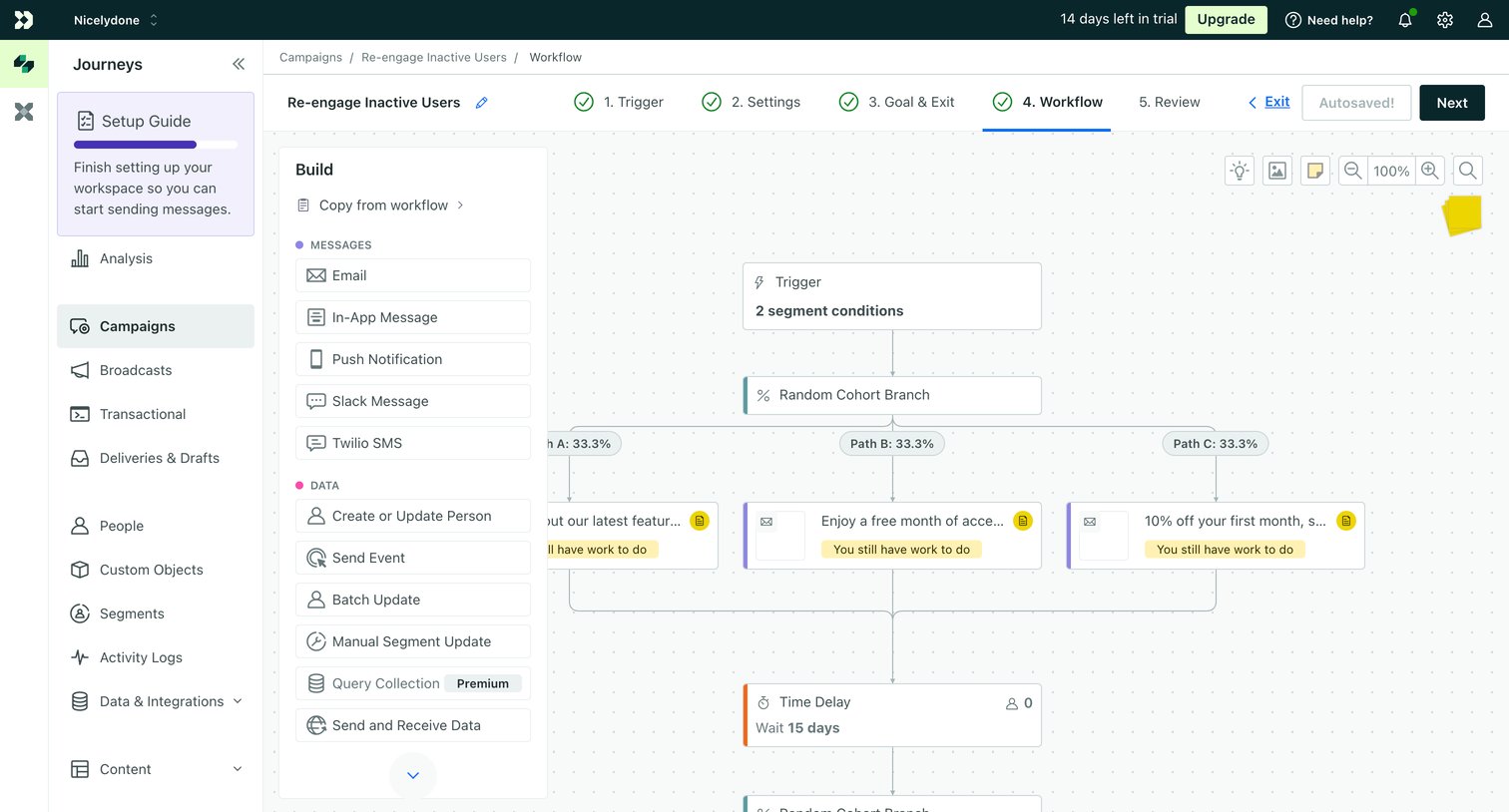 Customer.io - Workflow | Re-engage Inactive Users  Campaigns  Customer.io screen