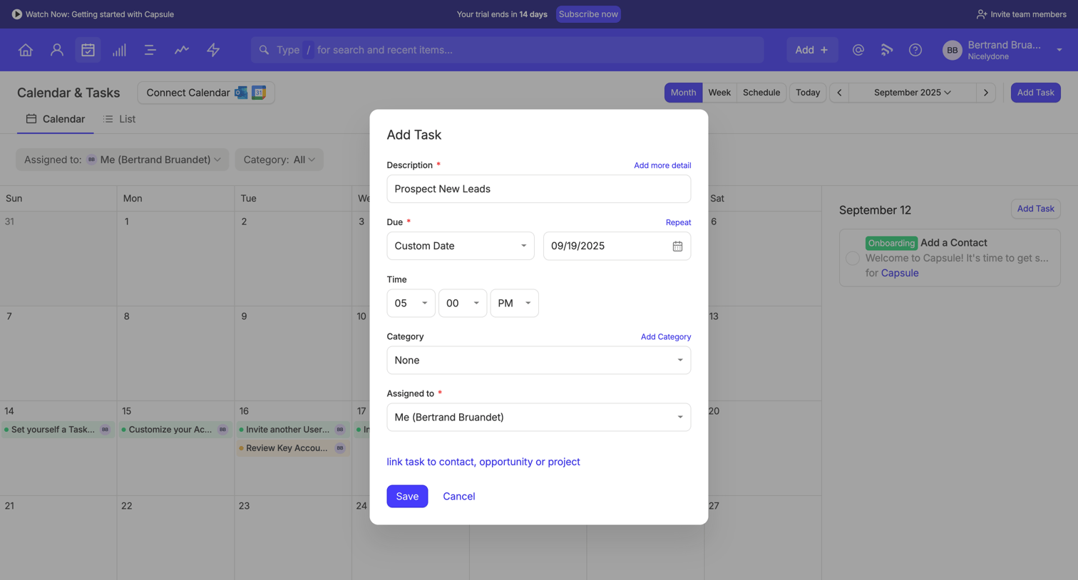 Capsule - Calendar | Nicelydone CRM screen