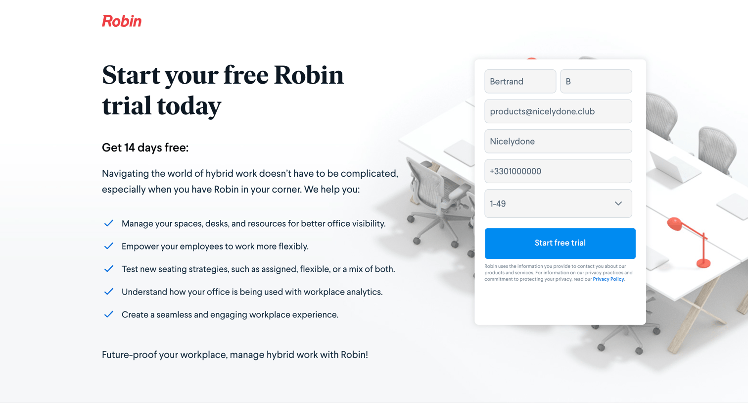 Robin - Start your free Robin trial screen