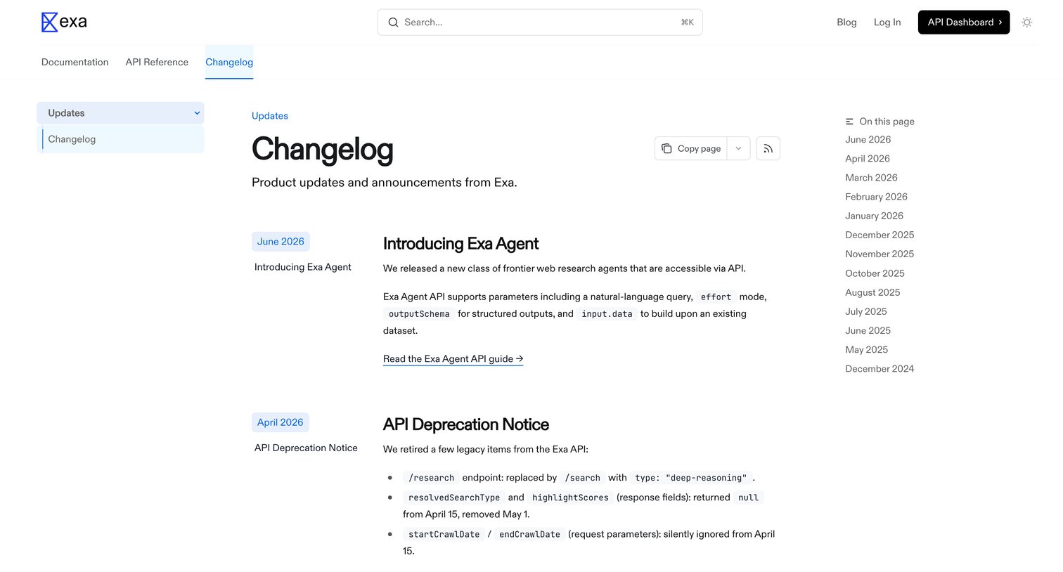 Exa - Changelog - Exa screen